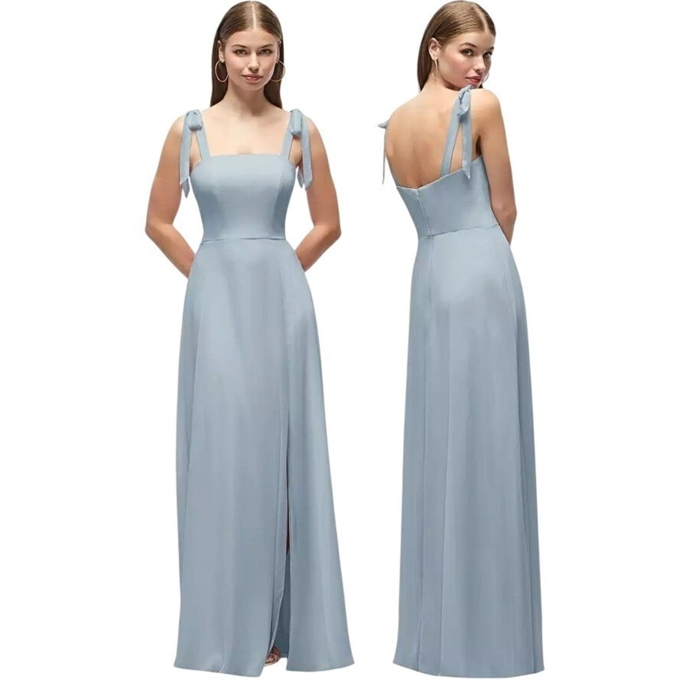 Dessy Collection Tie-Shoulder Chiffon Maxi Dress with Front Slit in Mist 10 NWT